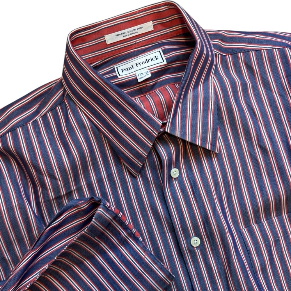 Paul Frederick Cotton Dobby Striped Button Shirt Red Blue 
Cuffs 17.5-36 Y2K